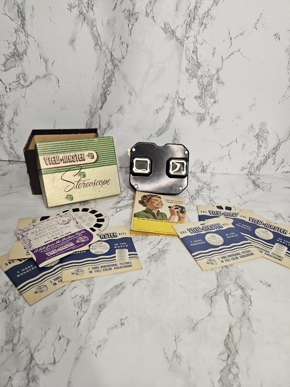 vintage Sawyer's View-Master stereoscope set, likely from the 1940s or 1950s.